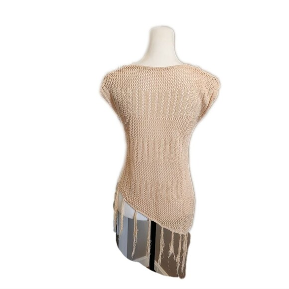Open knit sleeveless lightweight sweater, asymmetrical hem w/ fringe, M - Picture 2 of 4